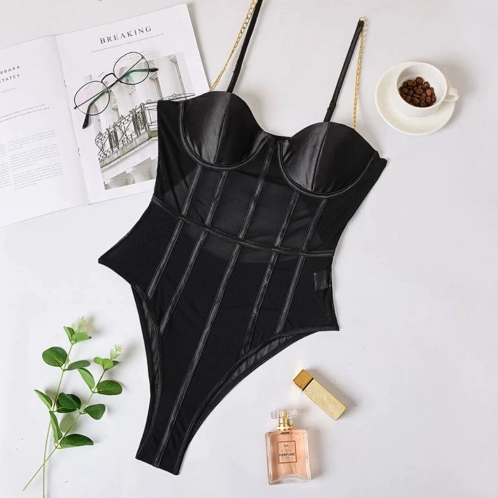 One-piece Black Sheer Lingerie Bodysuit with gold Chain details